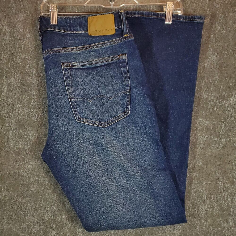 American Eagle Original Boot Cut Flex Fit Men's 33x34 Blue Jeans Faded Whisker